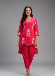 Designer Pink Co-ord Set with Tulip Pants & White Floral Embroidery – Aaronee