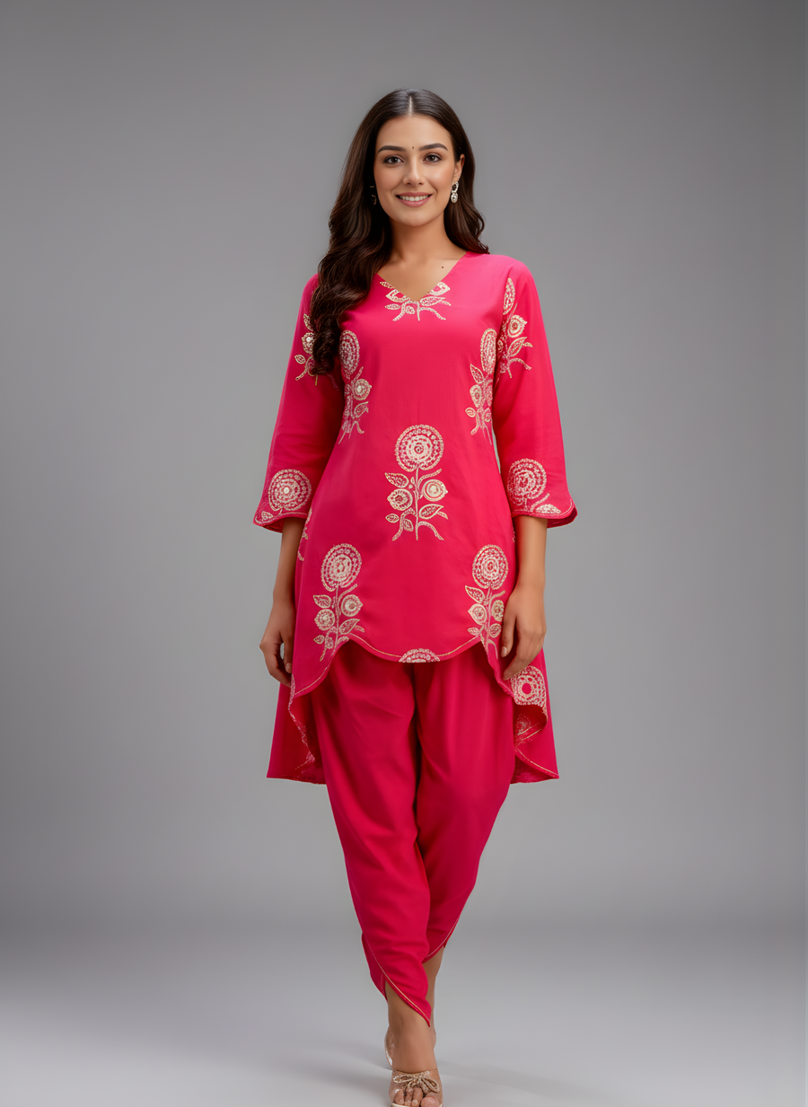 Designer Pink Co-ord Set with Tulip Pants & White Floral Embroidery – Aaronee
