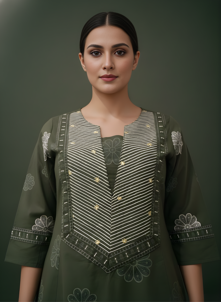 Aaronee olive ethnic cotton suit set