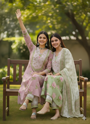 Pastel Green Floral Print Pure Cotton Kurta Set with Dupatta – Elegant Ethnic Wear by Aaronee
