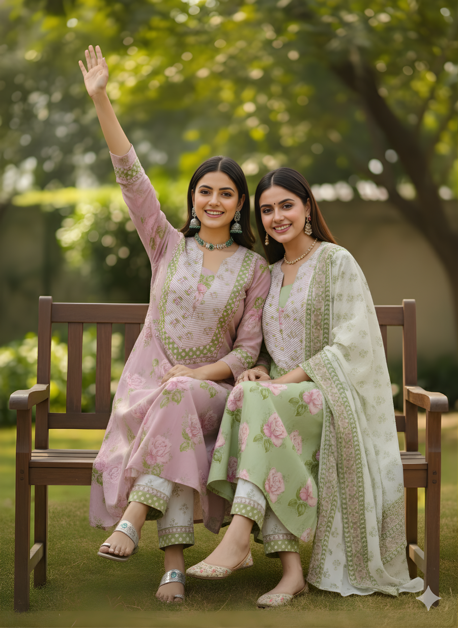 Pastel Green Floral Print Pure Cotton Kurta Set with Dupatta – Elegant Ethnic Wear by Aaronee