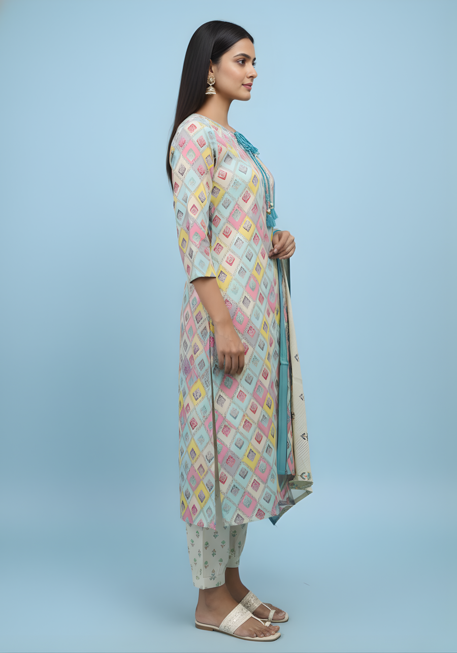 Elegant Multicolor Printed Kurta Set for Women with Dupatta