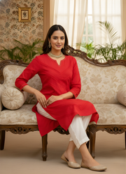 Aaronee Red Pure Cotton Embroidered Long Straight Kurti for Women | Festive & Office Wear Elegance