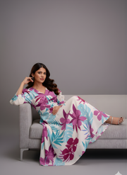 Aaronee Pure Cotton Purple & Aqua Floral Middy Dress for Women
