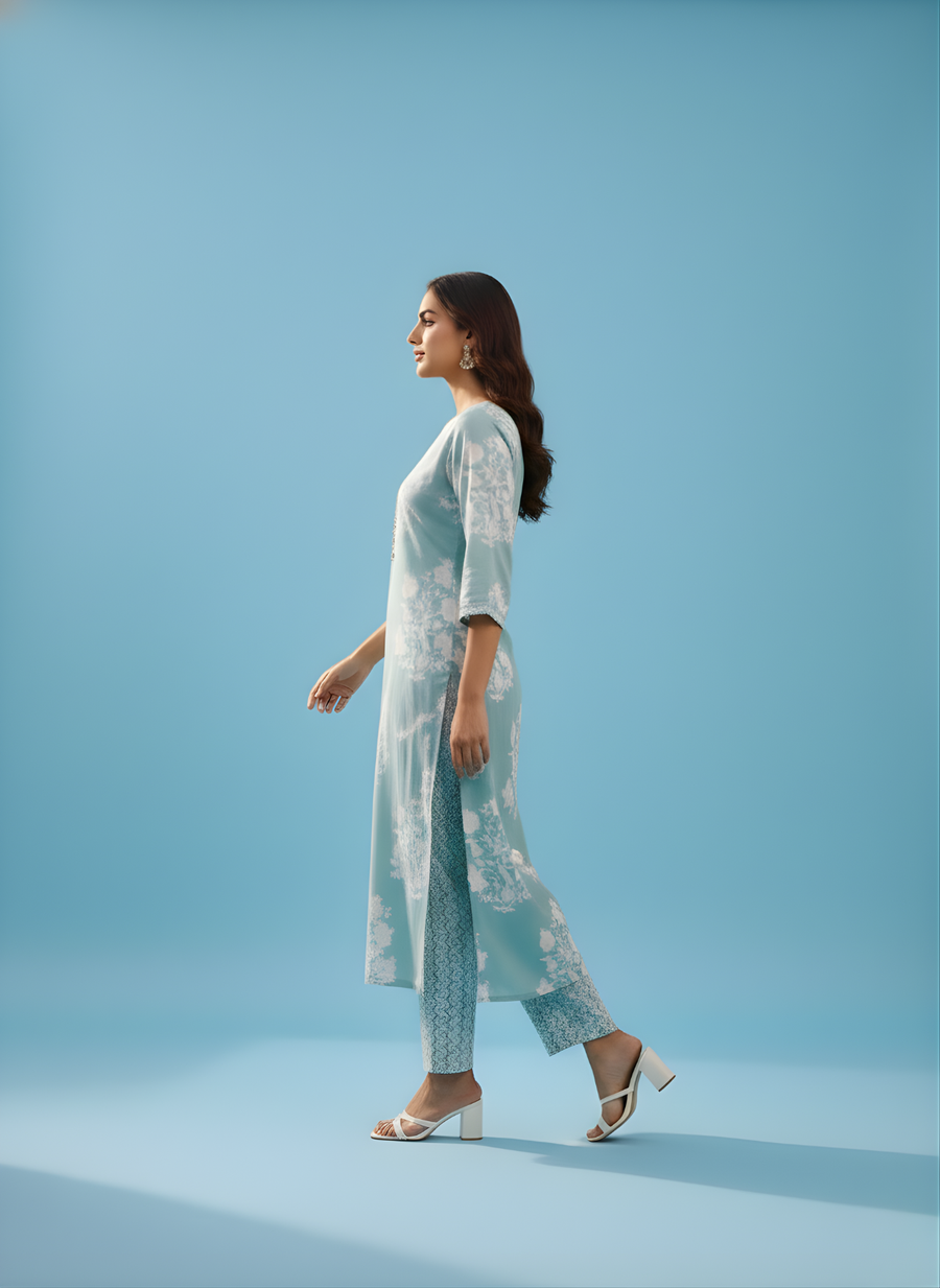Sea Green Printed Cotton Kurta Pant Set for Women – Aaronee Pure Cotton Collection