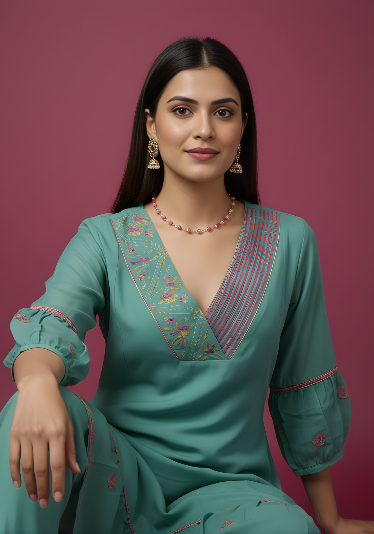 Aaronee Mul Chanderi kurta set with embroidered yoke