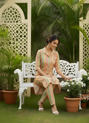 Aaronee Peach and Green Striped Pure Modal Chanderi Cord Set for Women