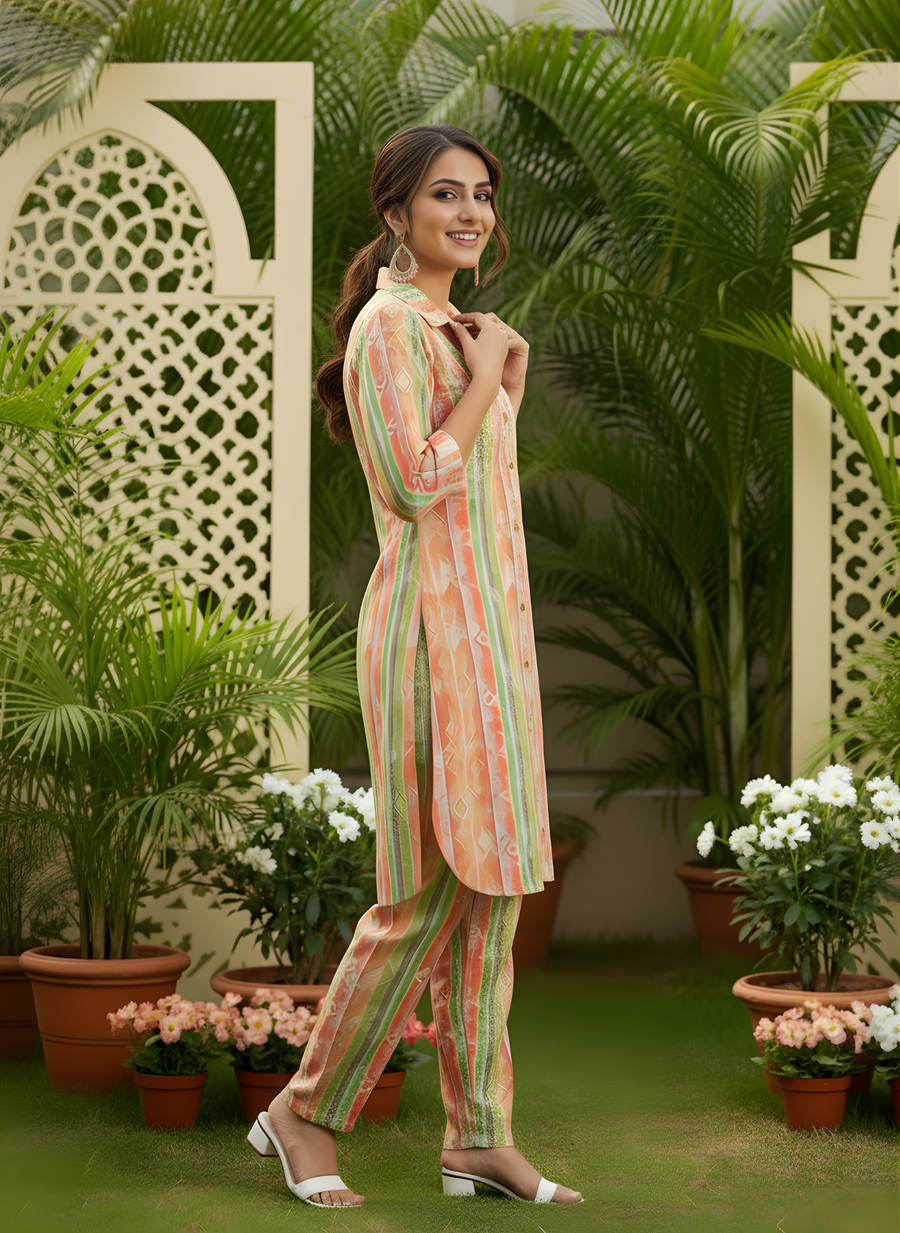 Aaronee Designer Peach Green Chanderi Cord Set