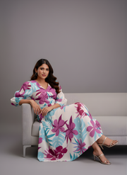 Aaronee Pure Cotton Purple & Aqua Floral Middy Dress for Women