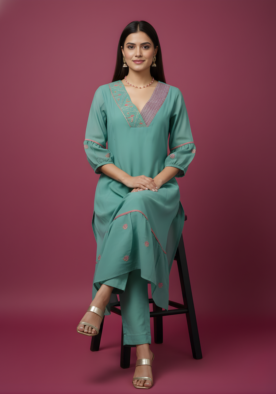 Aaronee elegant Mul Chanderi embroidered sleeves kurta