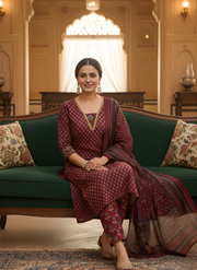 Maroon Kurta Dupatta Outfit with Prints