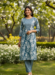 Blue Floral Pure Cotton Kurta Set with Hand Work Yoke – Aaronee Elegant Ethnic Wear