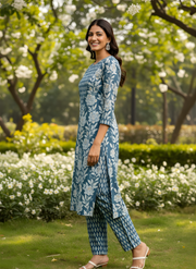 Blue Floral Pure Cotton Kurta Set with Hand Work Yoke – Aaronee Elegant Ethnic Wear