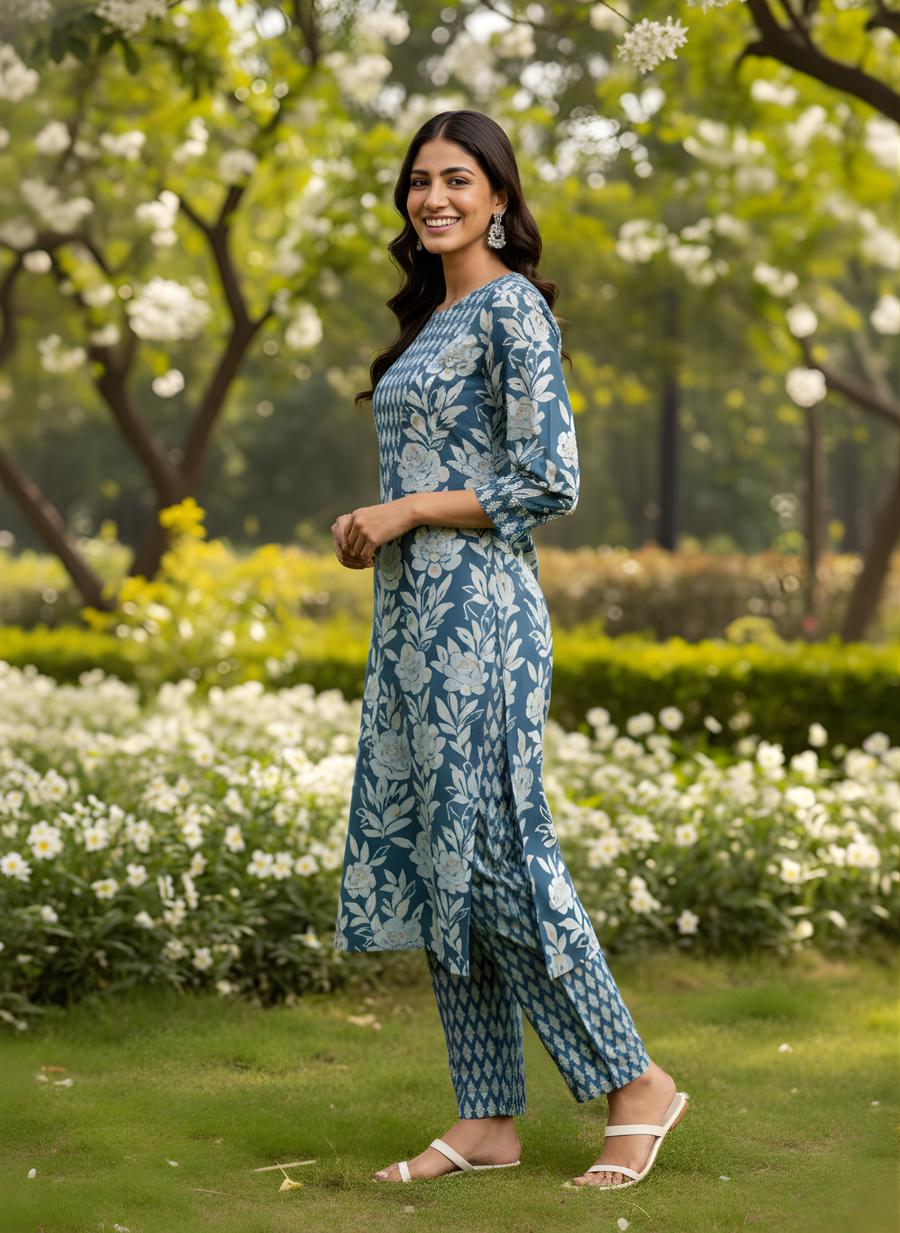 Blue Floral Pure Cotton Kurta Set with Hand Work Yoke – Aaronee Elegant Ethnic Wear