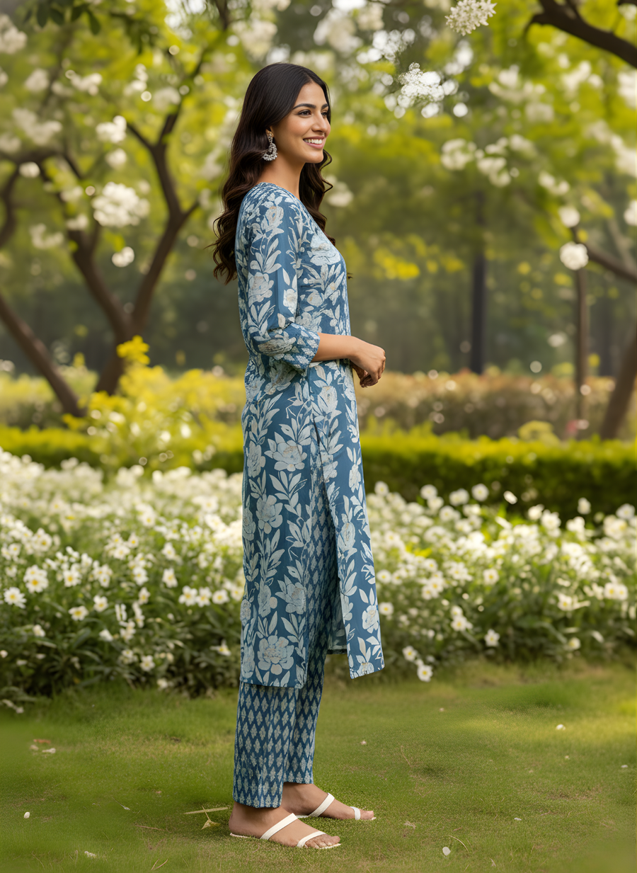 Blue Floral Pure Cotton Kurta Set with Hand Work Yoke – Aaronee Elegant Ethnic Wear