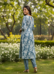 Blue Floral Pure Cotton Kurta Set with Hand Work Yoke – Aaronee Elegant Ethnic Wear