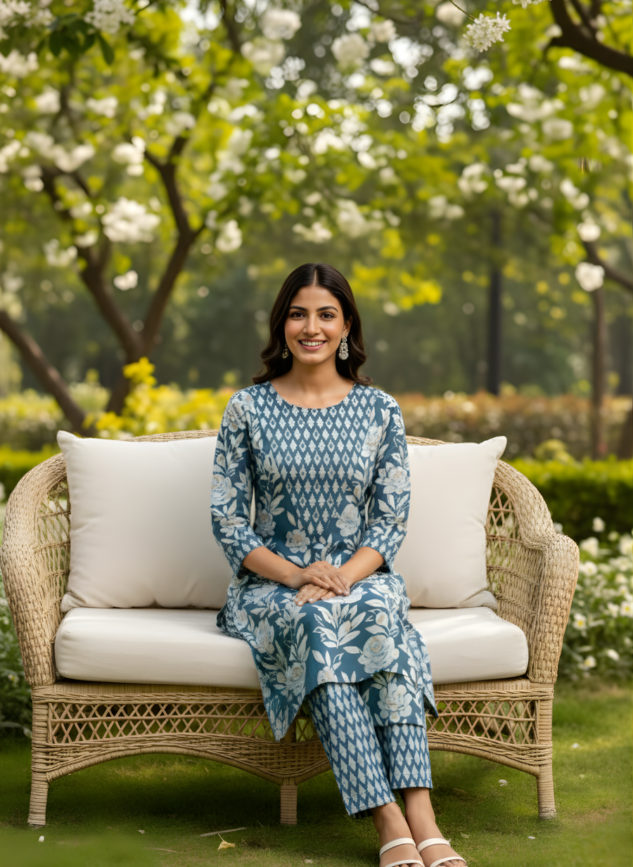 Blue Floral Pure Cotton Kurta Set with Hand Work Yoke – Aaronee Elegant Ethnic Wear