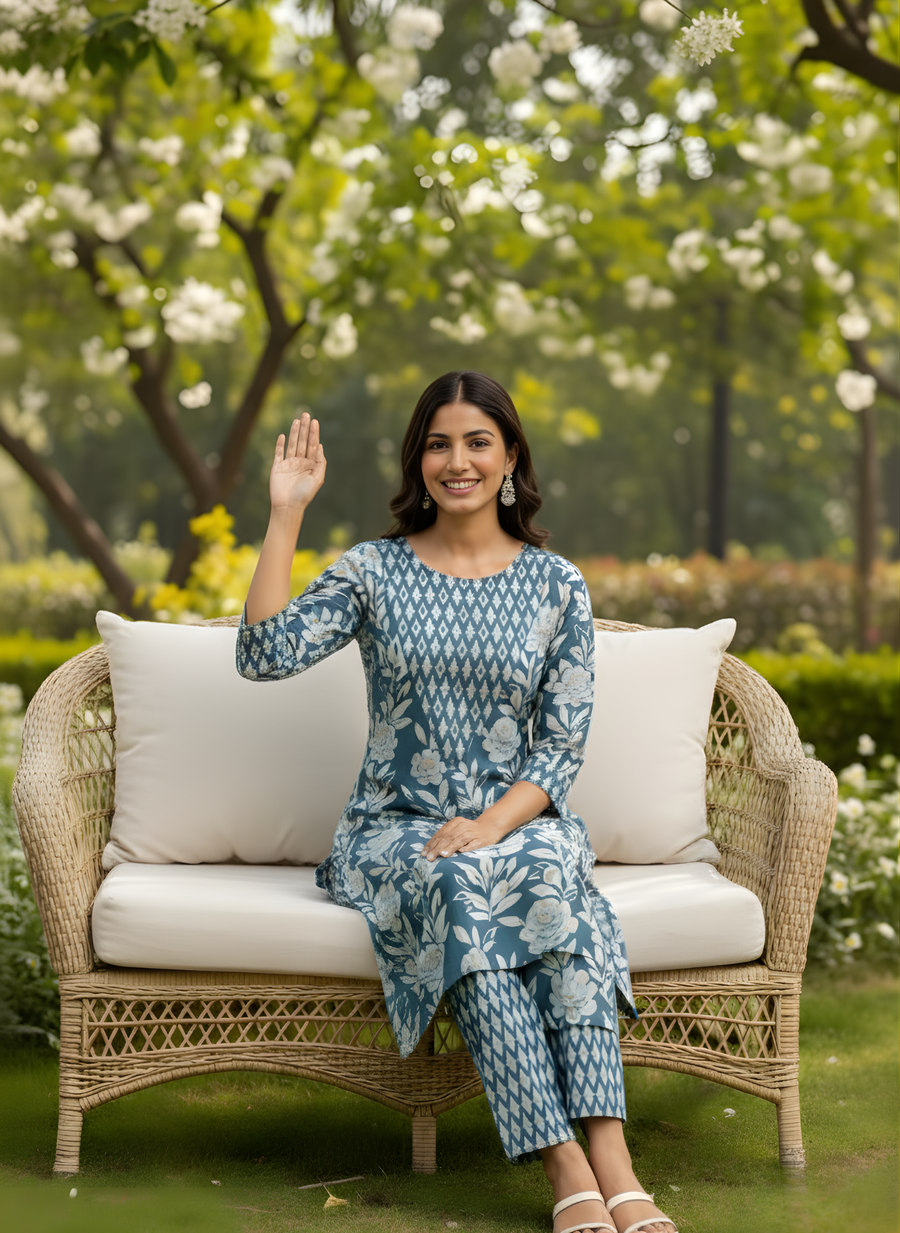 Blue Floral Pure Cotton Kurta Set with Hand Work Yoke – Aaronee Elegant Ethnic Wear