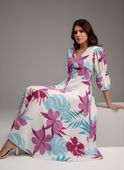 Aaronee Pure Cotton Purple & Aqua Floral Middy Dress for Women