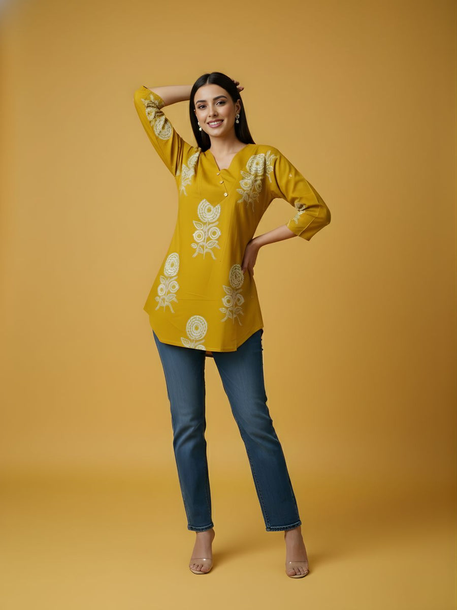 Aaronee Mustard Floral Printed Pure Cotton Women’s Top