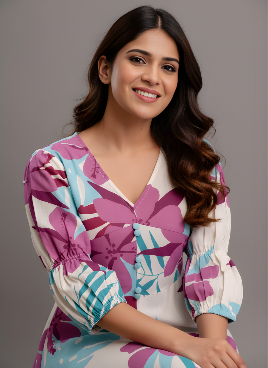 Aaronee Pure Cotton Purple & Aqua Floral Middy Dress for Women