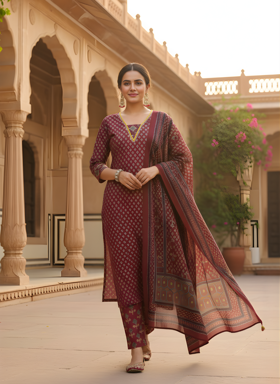 Aaronee Maroon Bandhani Cotton Kurta Dupatta Set