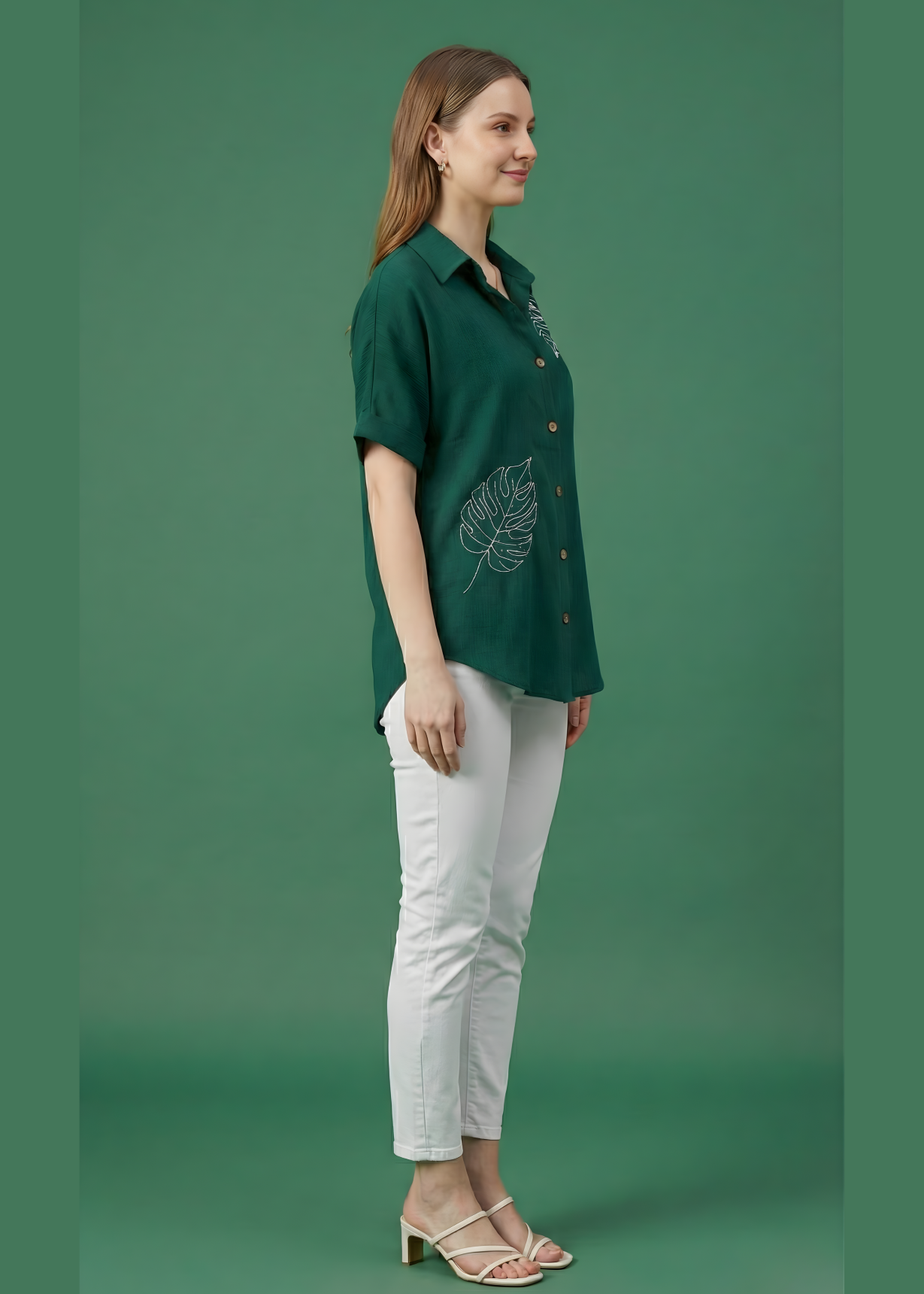 Aaronee embroidered leaf green casual top