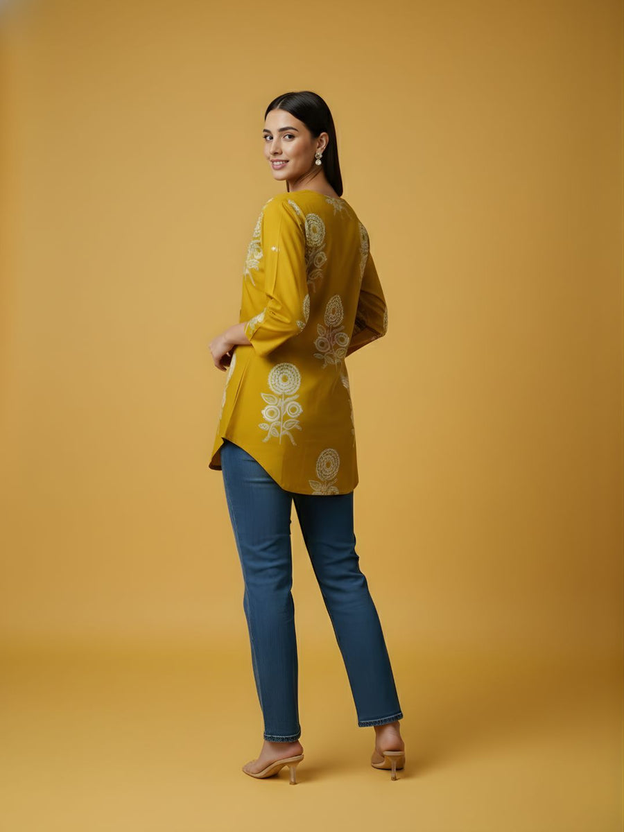 Aaronee Mustard Floral Printed Pure Cotton Women’s Top