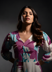 Aaronee Pure Cotton Purple & Aqua Floral Middy Dress for Women