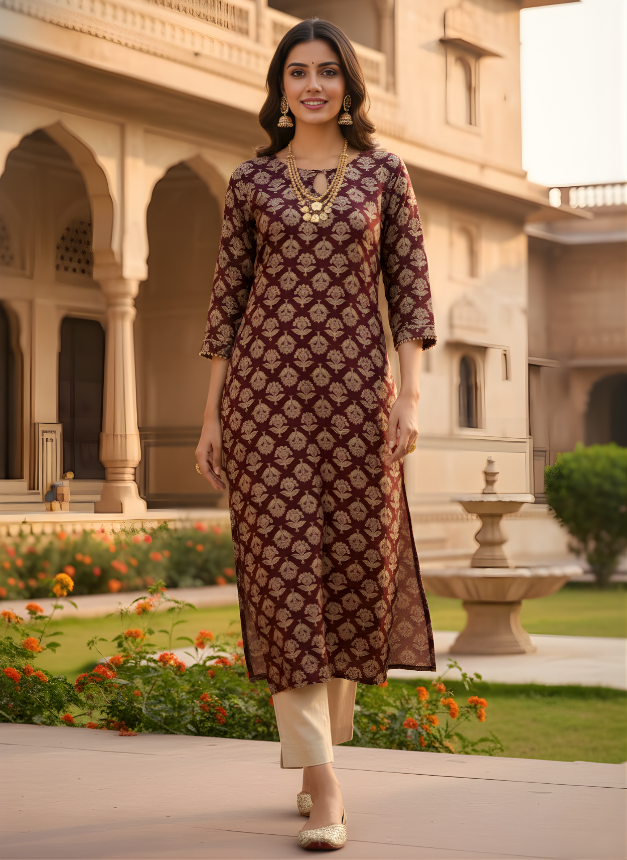 Aaronee Maroon Pure Cotton Ethnic Printed Long Kurti