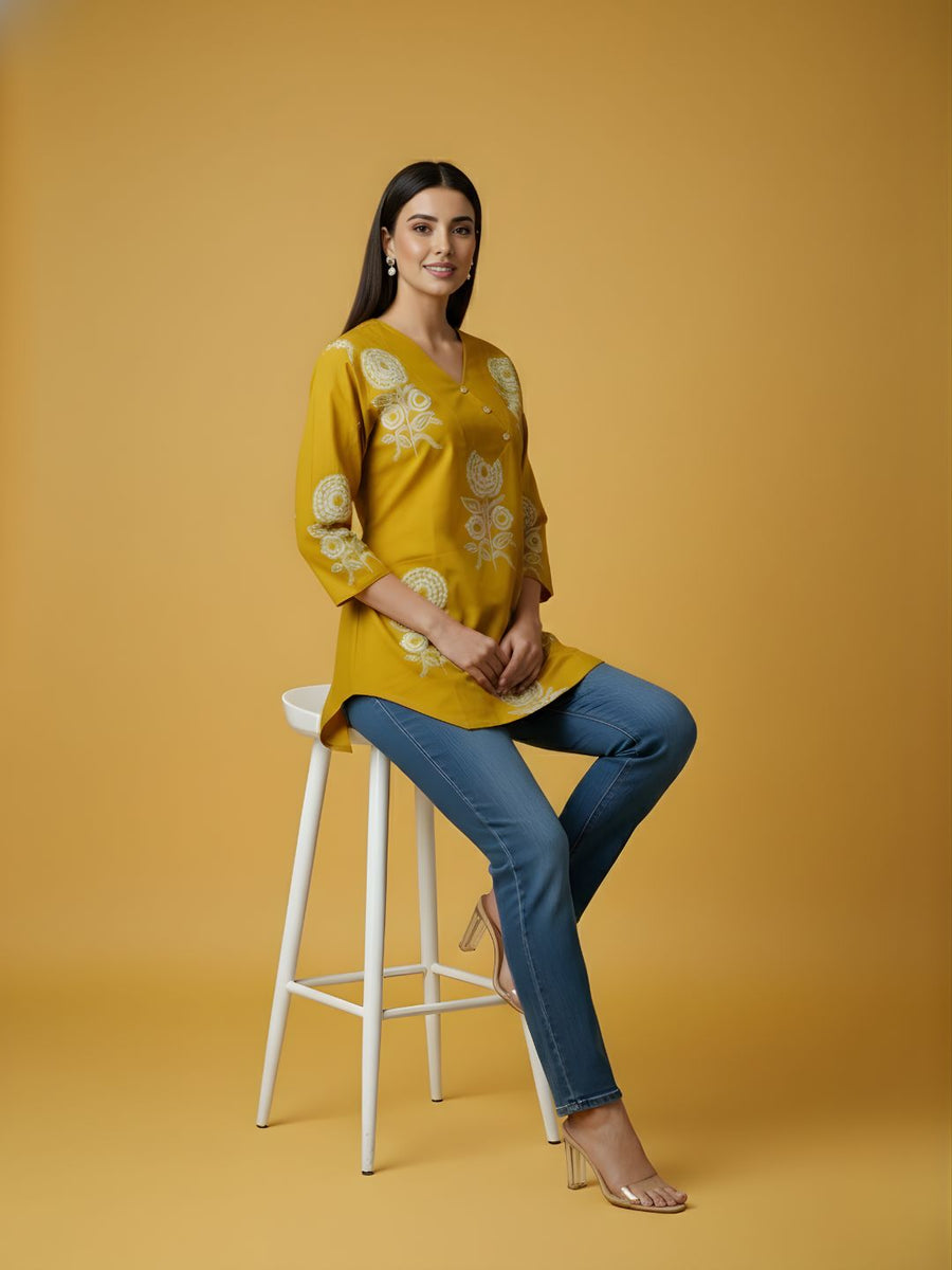 Aaronee Mustard Floral Printed Pure Cotton Women’s Top