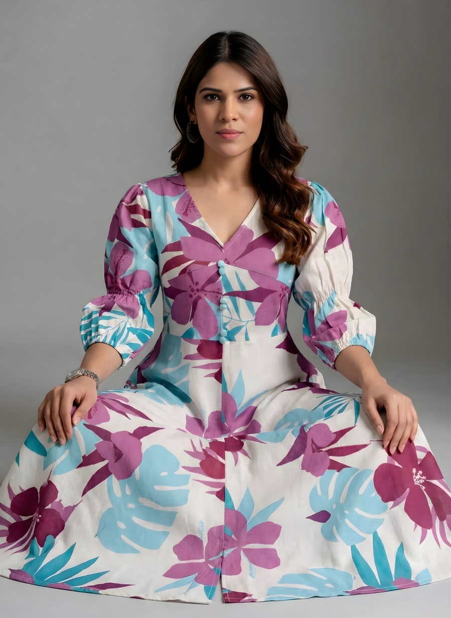 Aaronee Pure Cotton Purple & Aqua Floral Middy Dress for Women