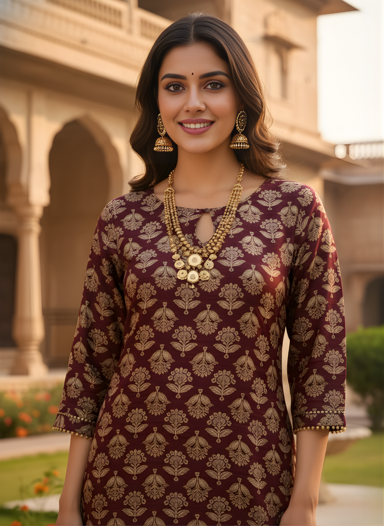 Aaronee Women’s Maroon Cotton Kurti with Gold Motifs