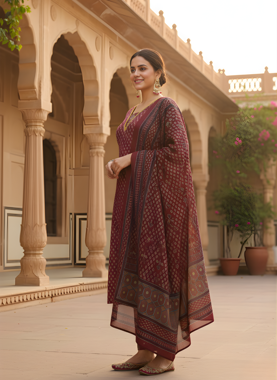 Designer Maroon Cotton Suit Set