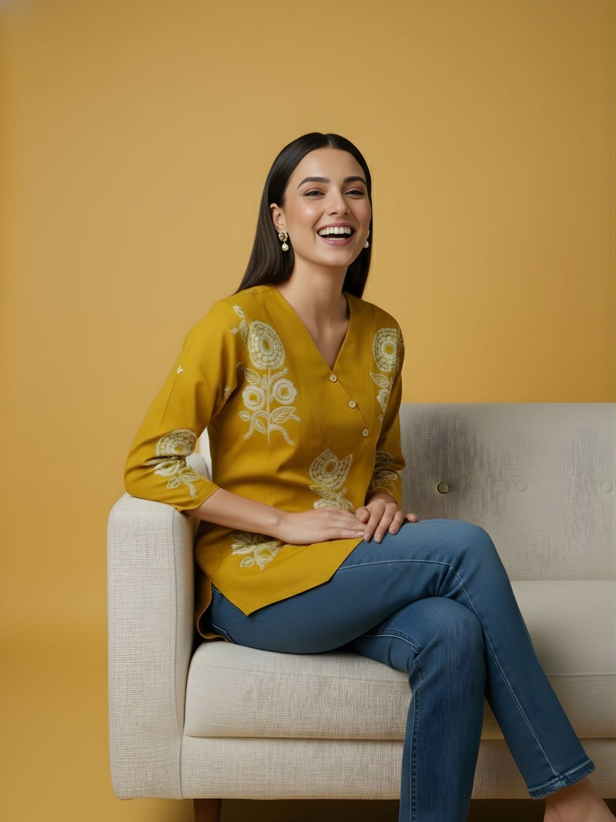 Aaronee Mustard Floral Printed Pure Cotton Women’s Top