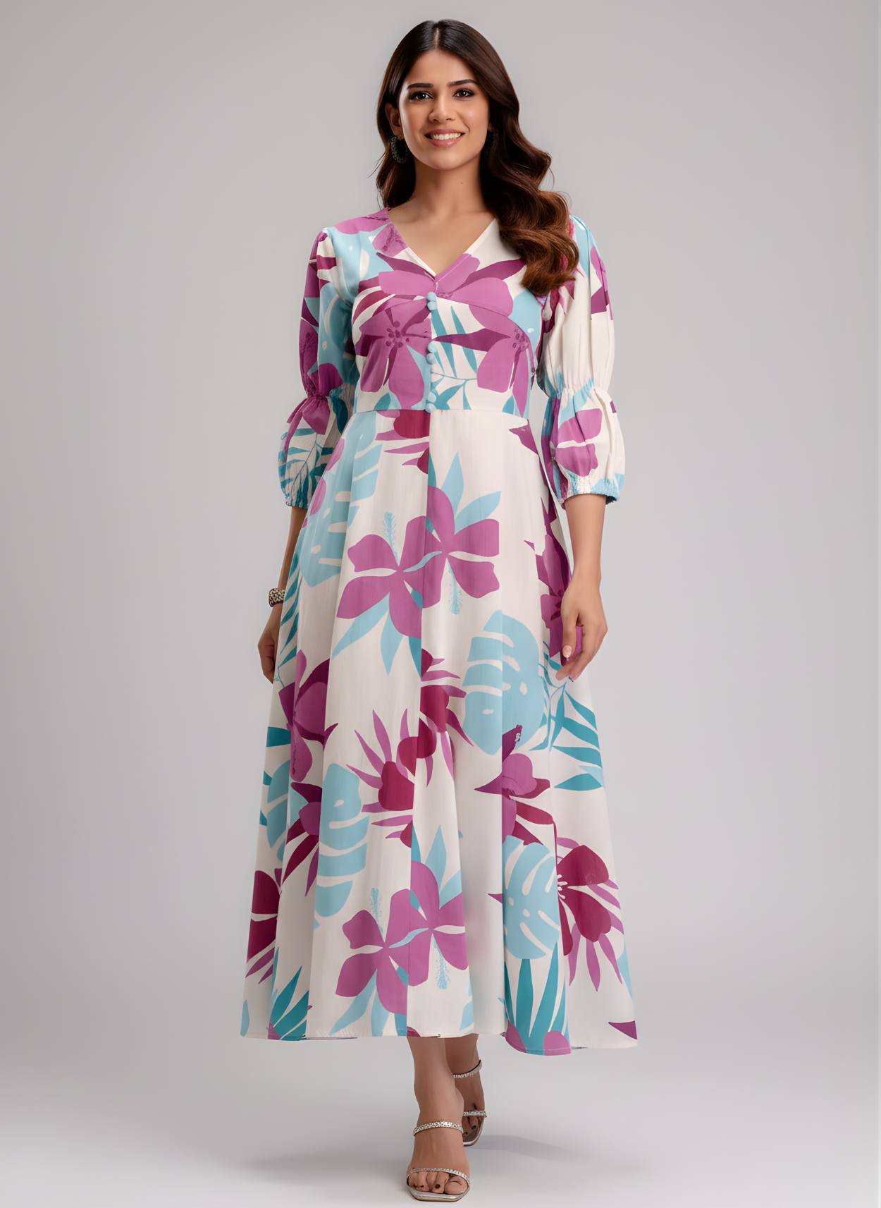 Aaronee Pure Cotton Purple & Aqua Floral Middy Dress for Women