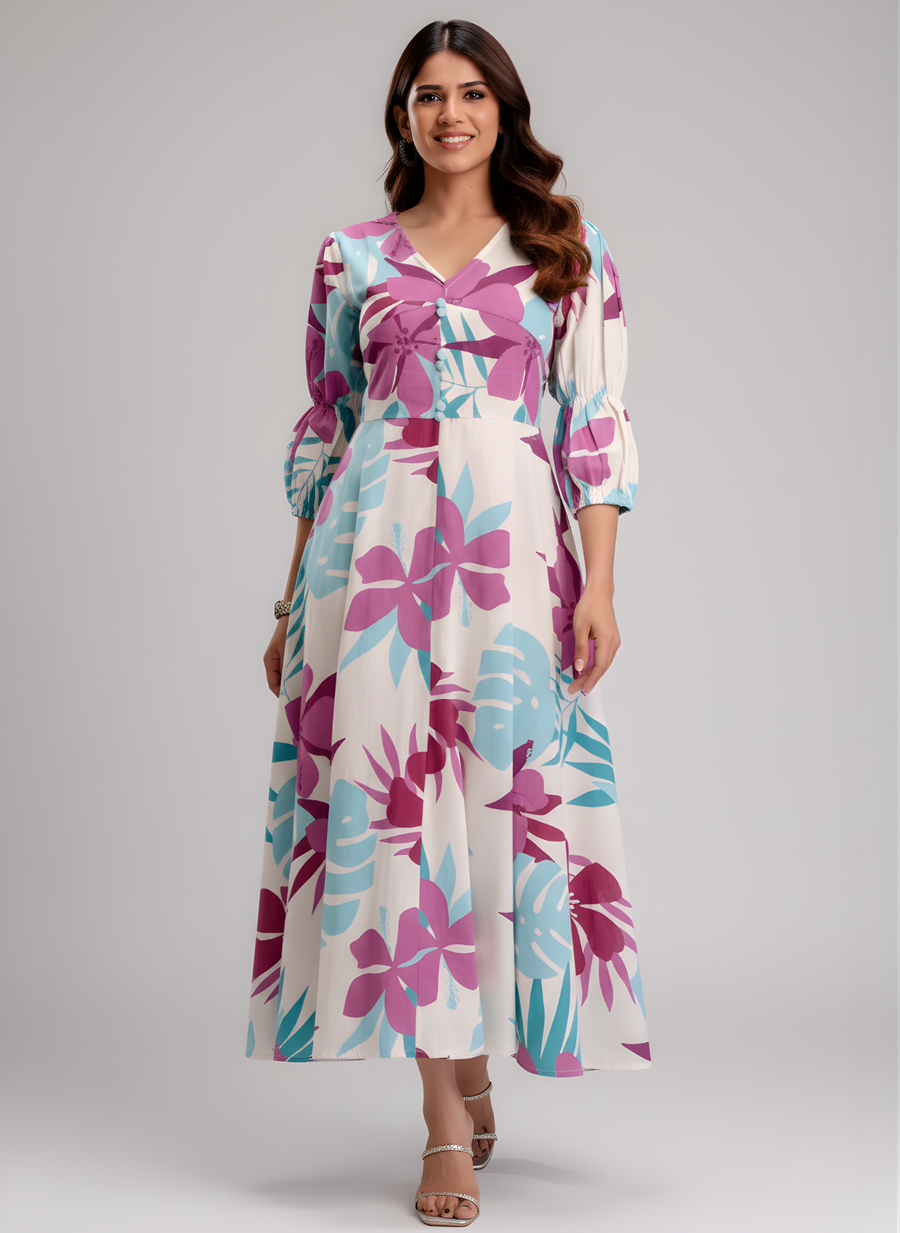 Aaronee Pure Cotton Purple & Aqua Floral Middy Dress for Women