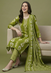 Aaronee green pure cotton kurta dupatta set front view