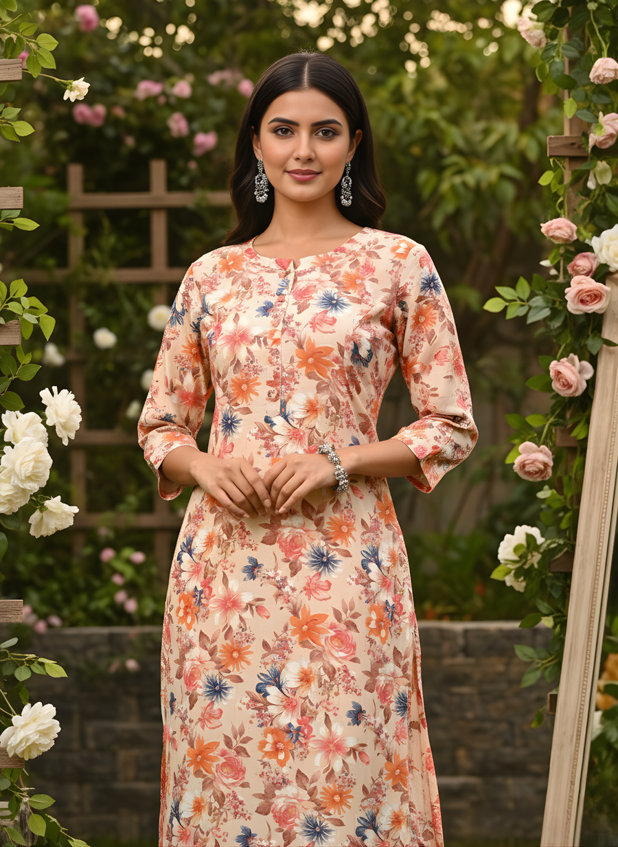 Orange Flower Print Kurta Set for Women