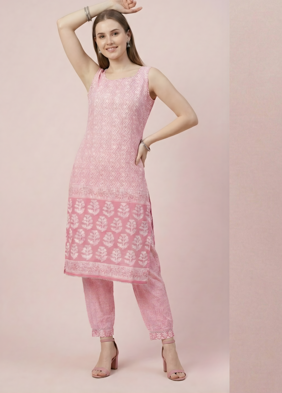 Aaronee Blush Pink Pure Cotton Sleeveless Kurta Pant Set for Women