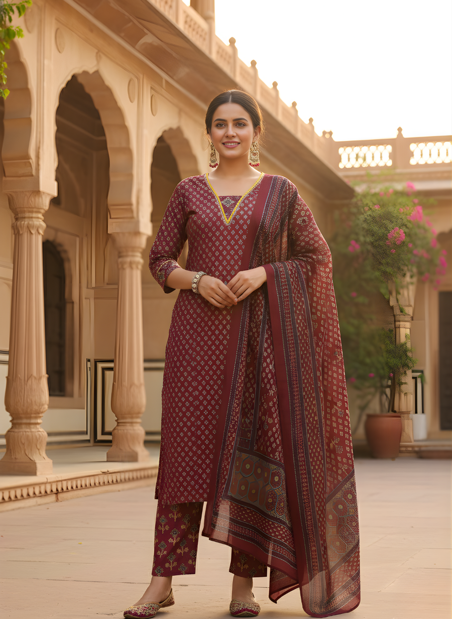 Pure Cotton Maroon Ethnic Set by Aaronee