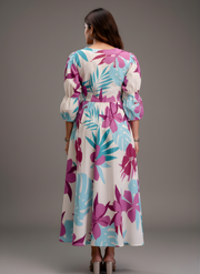 Aaronee Pure Cotton Purple & Aqua Floral Middy Dress for Women