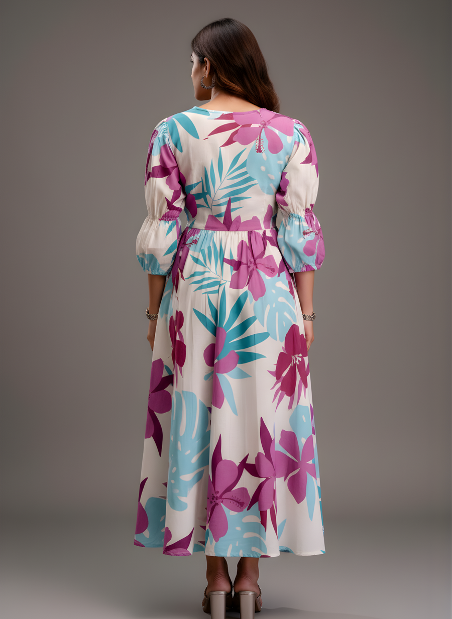 Aaronee Pure Cotton Purple & Aqua Floral Middy Dress for Women