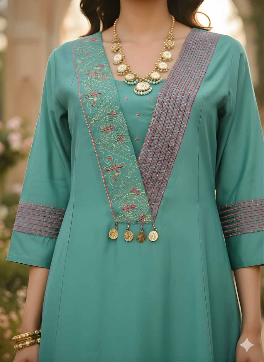 Teal Green Roman Silk Kurta Set – Elegant Festive Wear with Embroidered Detail by Aaronee