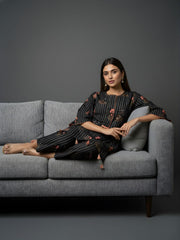 Aaronee Black Floral Striped Pure Cotton Kurta Pant Set for Women
