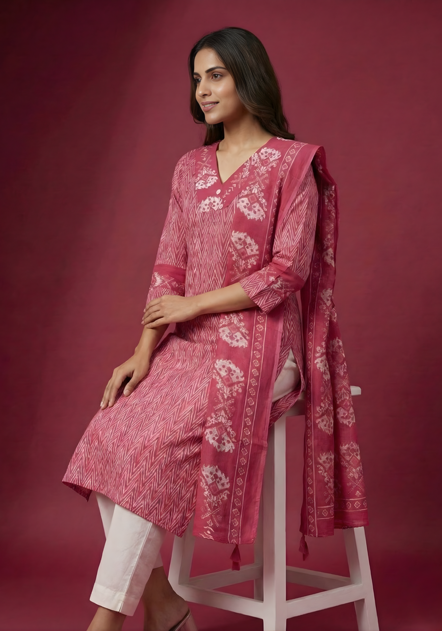 Rose pink cotton kurti dupatta set by Aaronee