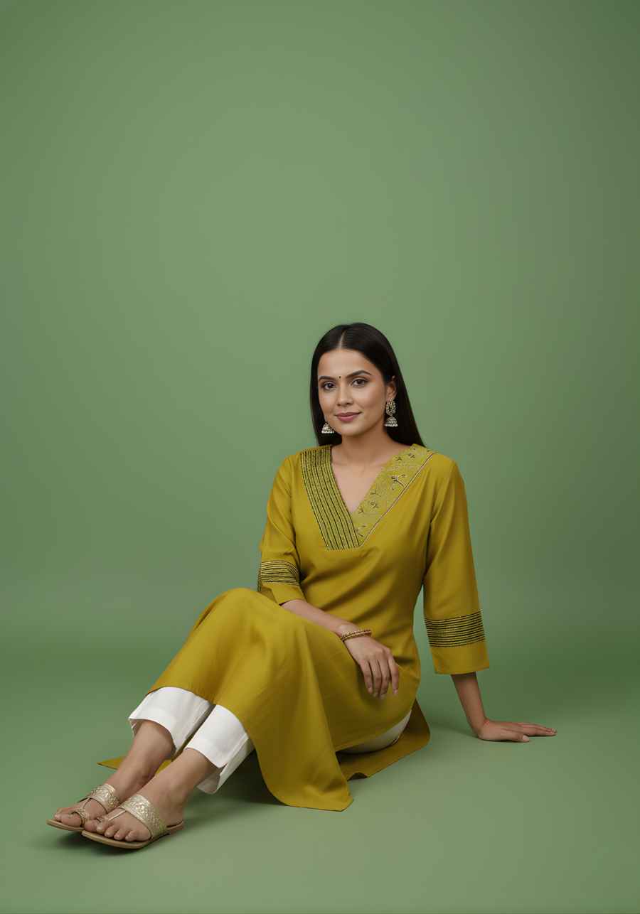 Women wearing Aaronee mustard embroidered Chanderi kurti