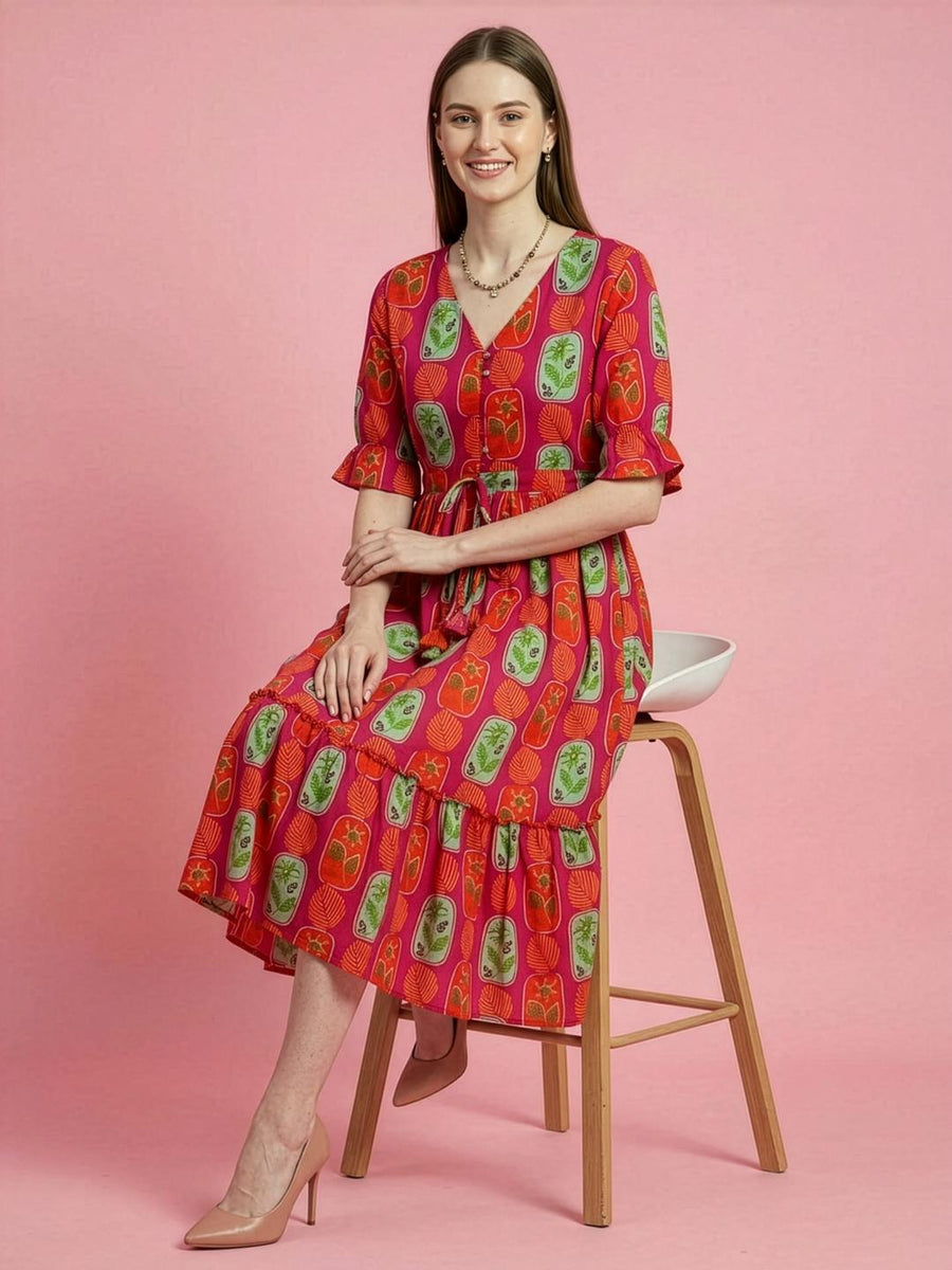 Orange pink V-neck tiered cotton dress for women