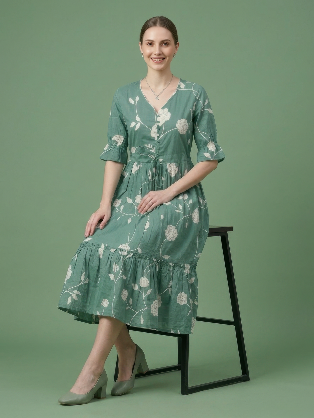 Half sleeve floral cotton midi dress for women