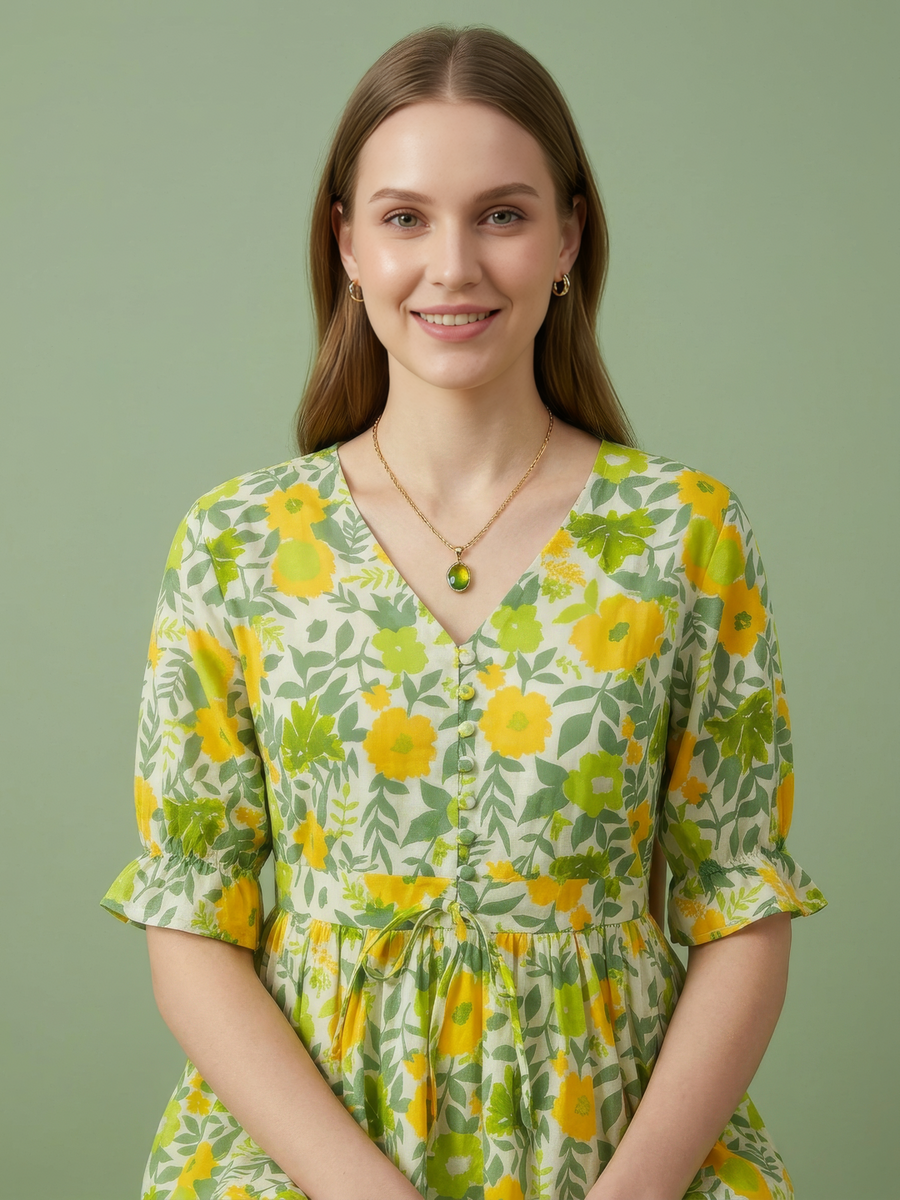 V-neck botanical print cotton midi dress